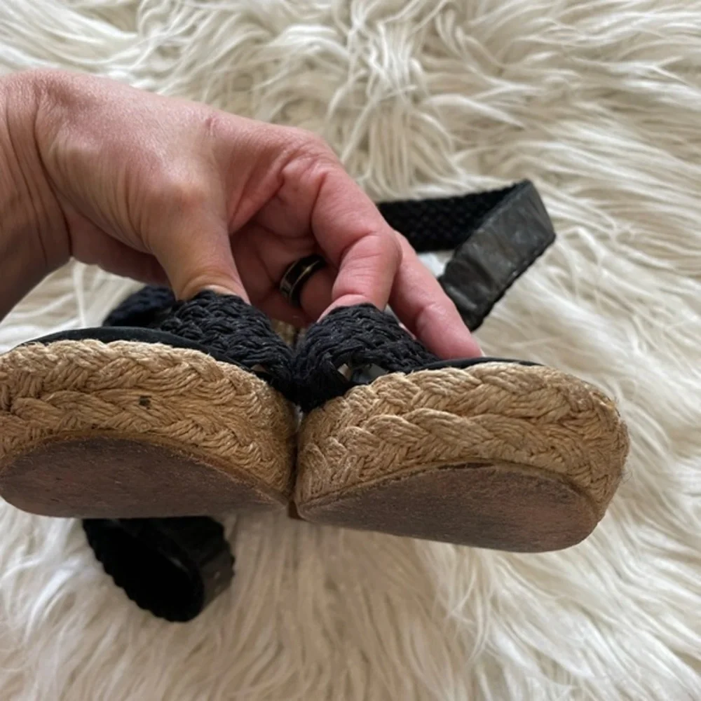 Stuart Weitzman Alex‎ black espadrille woven wedge sandals size 9.5